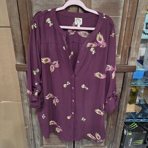 Fig & Flower Women's Plus Size Button Up Blouse 3/4 Button Sleeve 3X Wine Floral